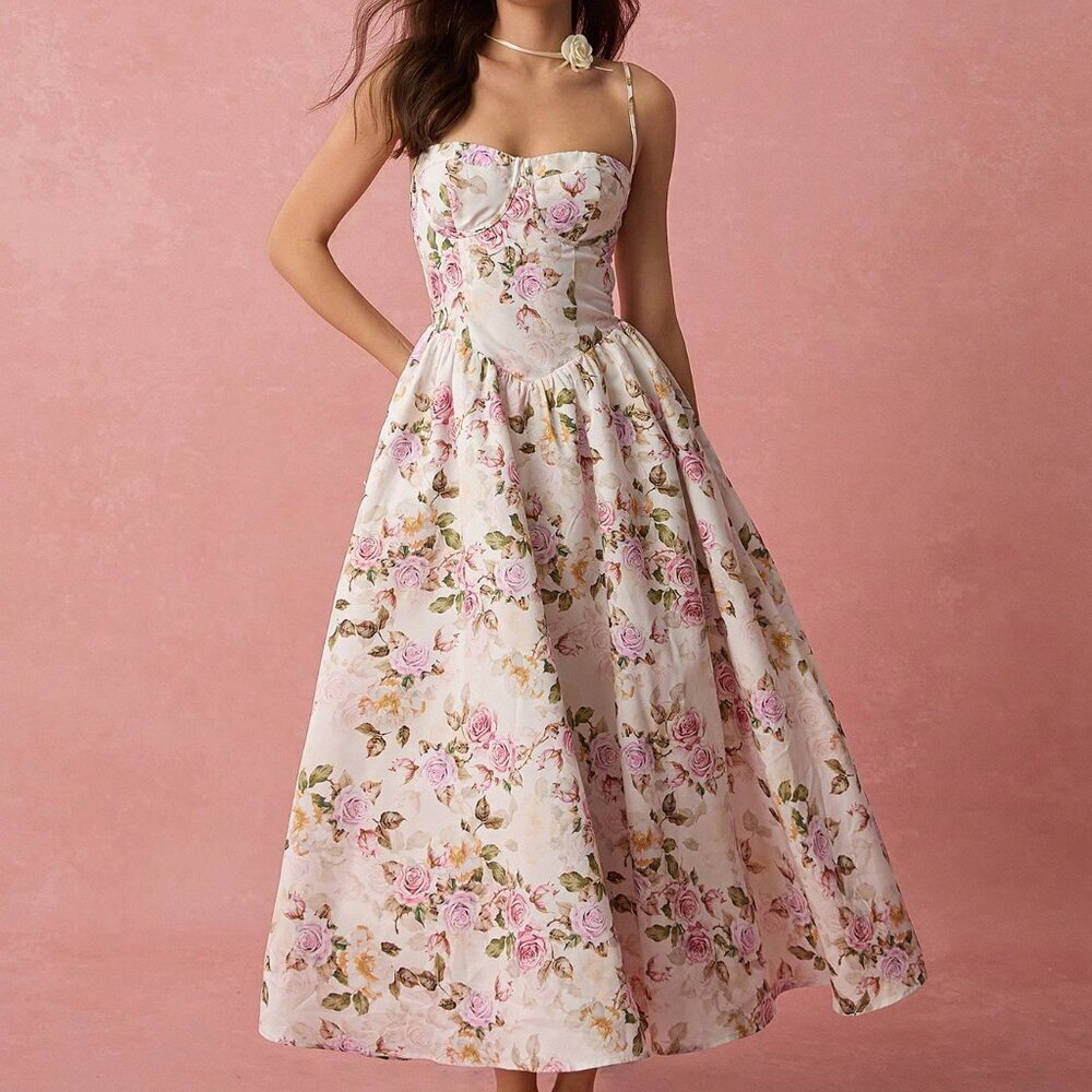 White Boho Women's Romantic Vacation Floral Print Spaghetti Strap A-Line Long Dr - Picture 6 of 7